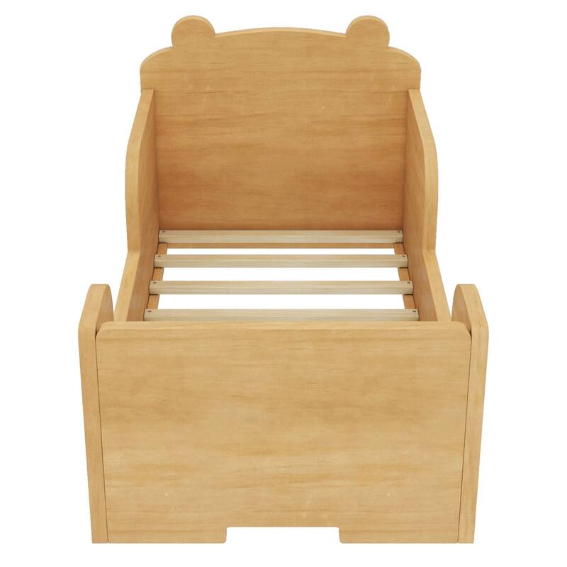 Toddler Floor Bed with Bear-shaped Headboard and Rounded Corners Guardrails for Ages 3-6, Open Baby Platform Bed Frame