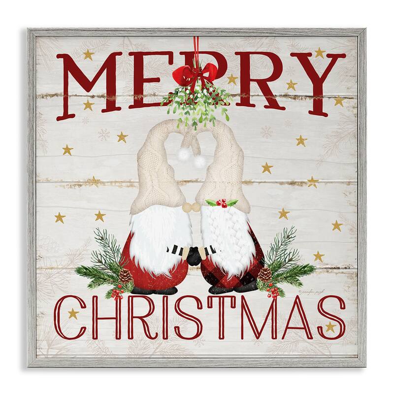 Stupell Merry Christmas Holiday Phrase Gnomes Under Mistletoe Framed Wall Art,12x12 - 17 x 17 - Grey