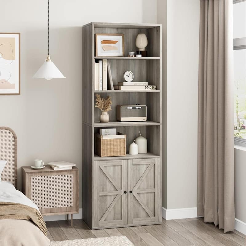 Farmhouse Bookcase with Doors,Display Storage Shelves Industrial Bookcases Wooden 6 Shelf