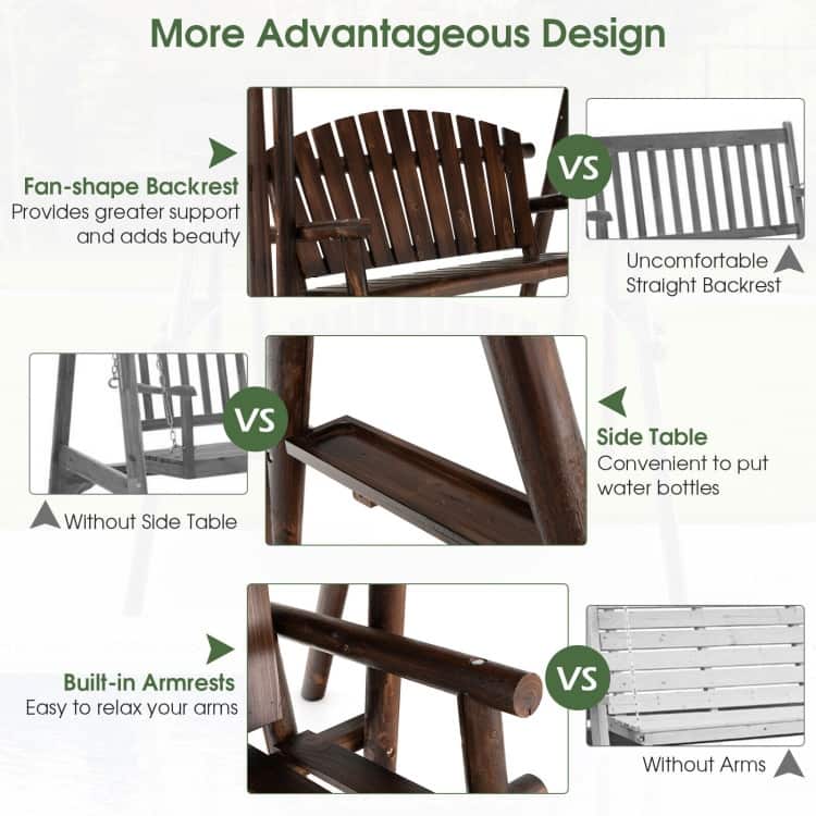 2-Person Outdoor Wooden Porch Swing with an Adjustable Canopy - 80" x 53.5" x 66" (L X W X H)