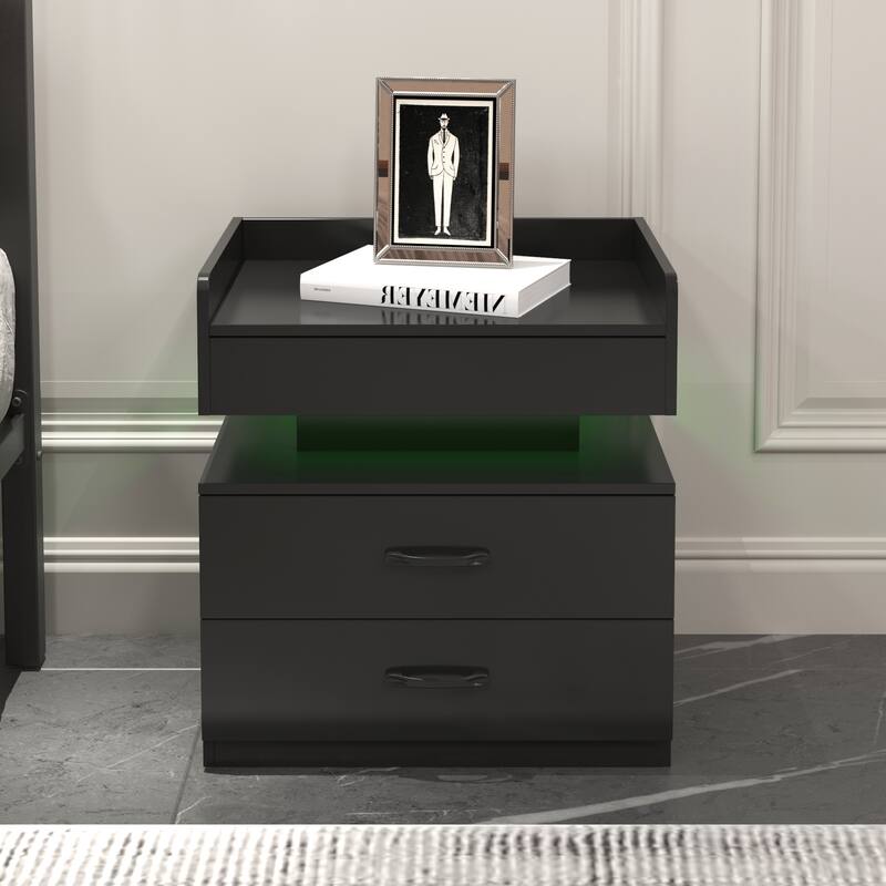2-drawers Nightstand with Adjustable LED Strip Light for Large Space - Black