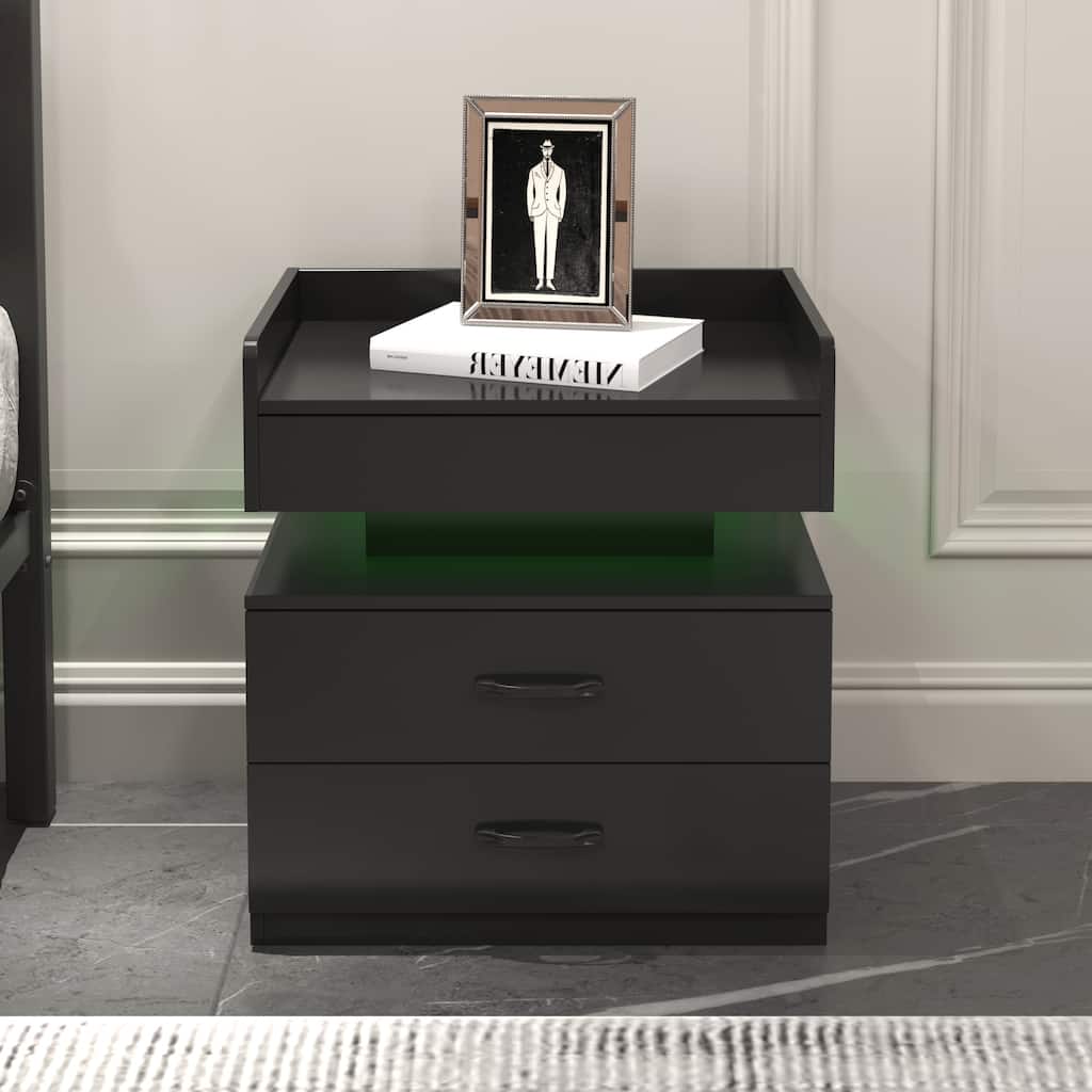 Smart Nightstand with Adjustable LED Light Strip，Storage Cabinet with 2 Drawers,Sofa Side Table, Coffee Table