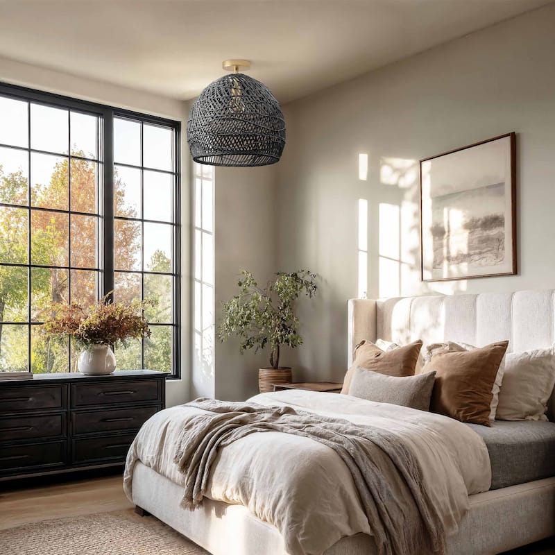 Lunar Rattan Flush Mount Rattan Black 1-Light Handwoven Ceiling Light for Bedroom or Hallway in Modern, Mid-Century, Boho Style