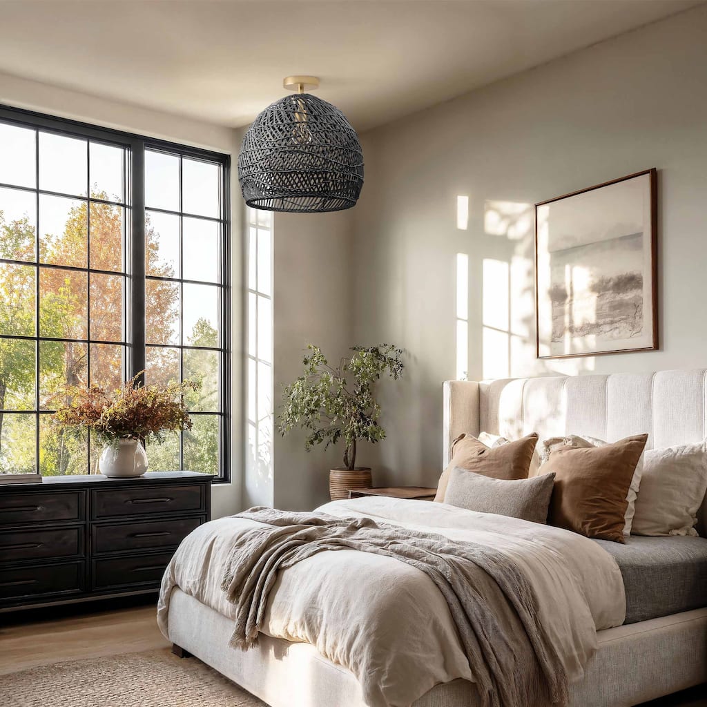 Lunar Rattan Flush Mount Rattan Black 1-Light Handwoven Ceiling Light for Bedroom or Hallway in Modern, Mid-Century, Boho Style