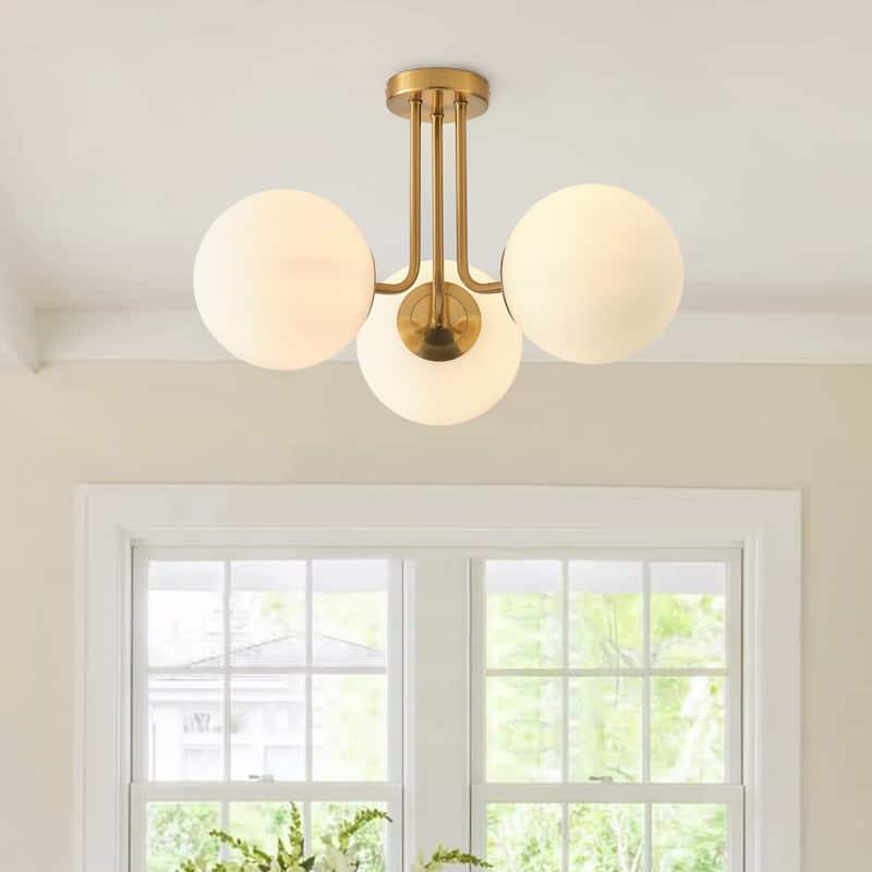 Modern Brushed Brass Semi Flush Mount Ceiling Light Fixture with White Globe Glass Shade