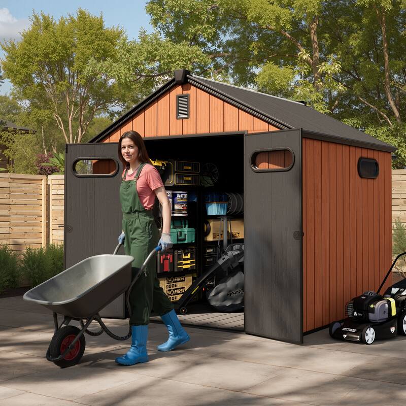 8' x 8' / 8' x 10'/ 8' x 12' Outdoor Storage Shed with Lockable Double Doors for Garden, Backyard, Patio - 8' x 8' - Brown
