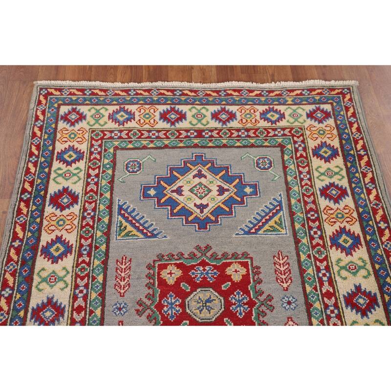 Gray Geometric Kazak Accent Rug Hand-Knotted Wool Carpet - 3'4" x 4'11"