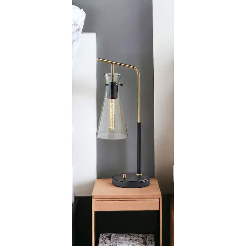 Black and Gold Metal Desk Lamp with Light Grey Glass Cone Shade and Edison Bulb - 12” x 7” x 24” (D x W x H)