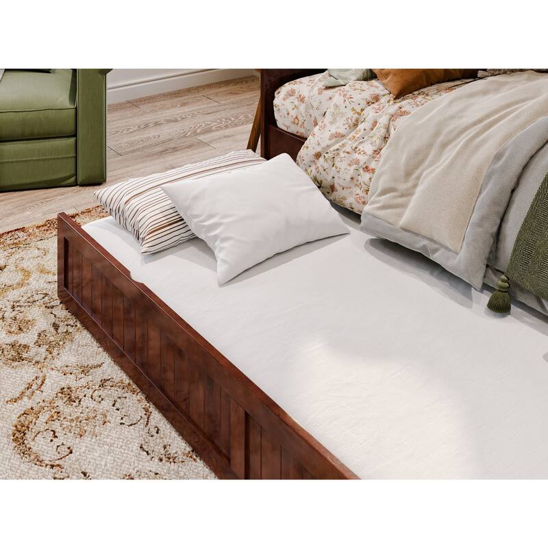 Twin Daybed with Trundle - Walnut Wood Frame & Beadboard Design - Space Saving Sleeper