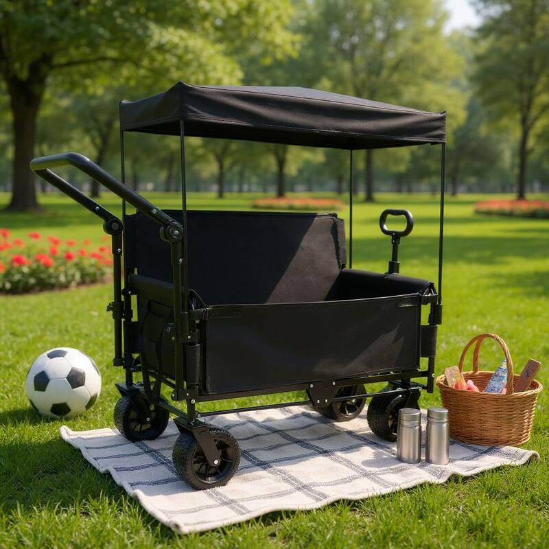 3-in-1 Folding Wagon with Bench Seat & Canopy - 500lb Heavy-Duty All-Terrain Cart, Black