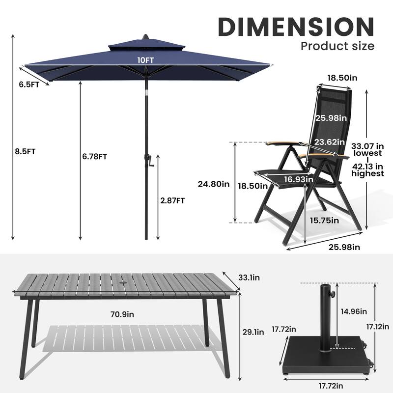 9/11-Piece Outdoor Patio Dining Set Aluminum Dining Table and Folding Chairs w/10 ft Umbrella and Base