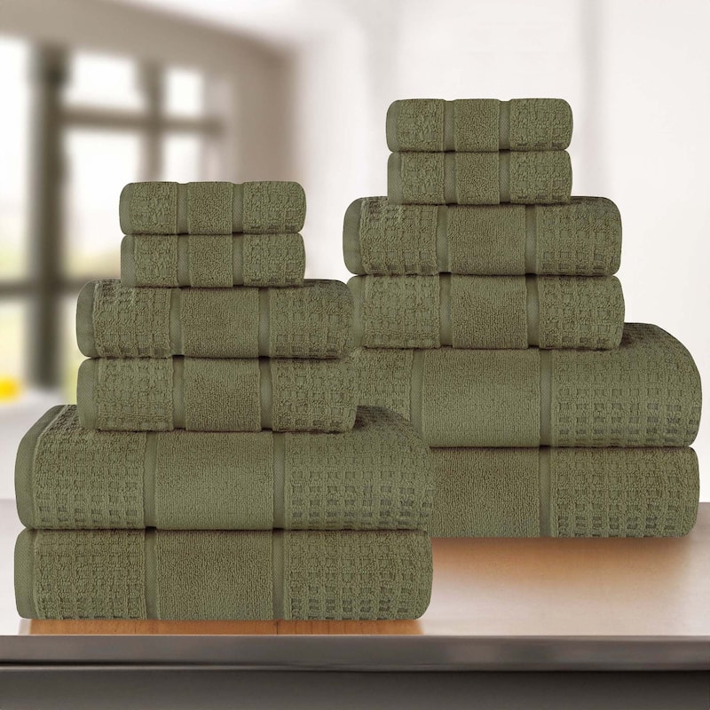 Superior Napa Zero Twist Cotton Waffle 12 Piece Bathroom Towel Set - Forest Green