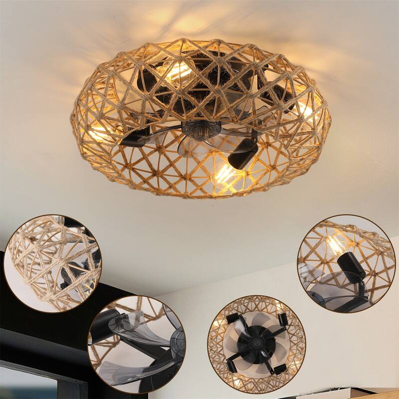 Ceiling-mounted Jute Rope Fan Light Strip with 4 Bulbs and Dimmable, Reversible DC Motor