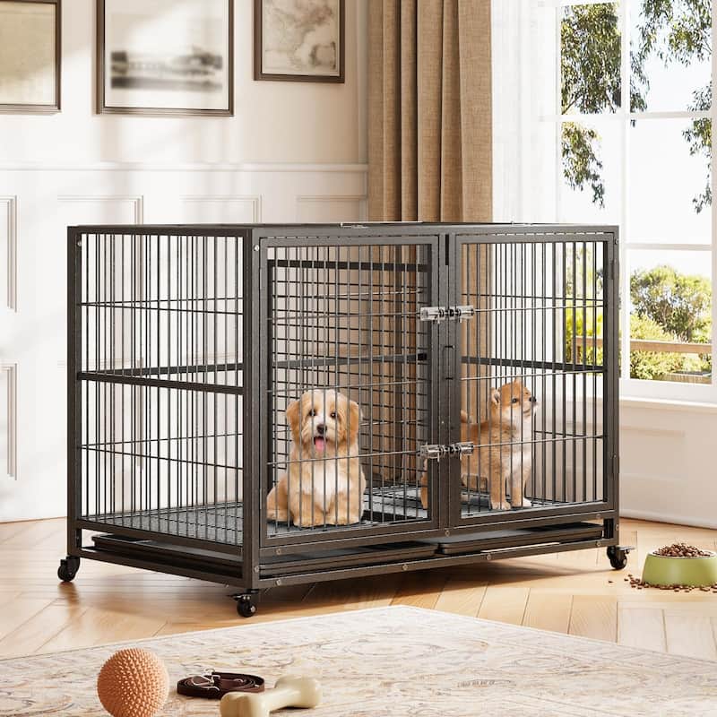 Heavy Duty Dog Crate, Escape-Proof Steel Kennel with Locking Wheels - N/A