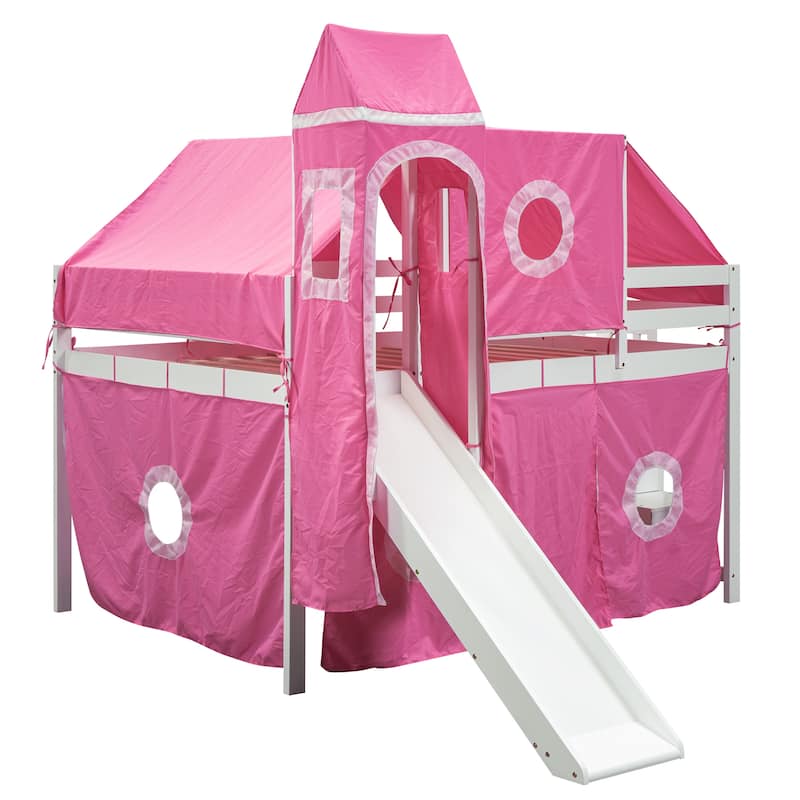Pink Loft Bed w/ Slide and Tent, Full Size Loft Bed with Tower and