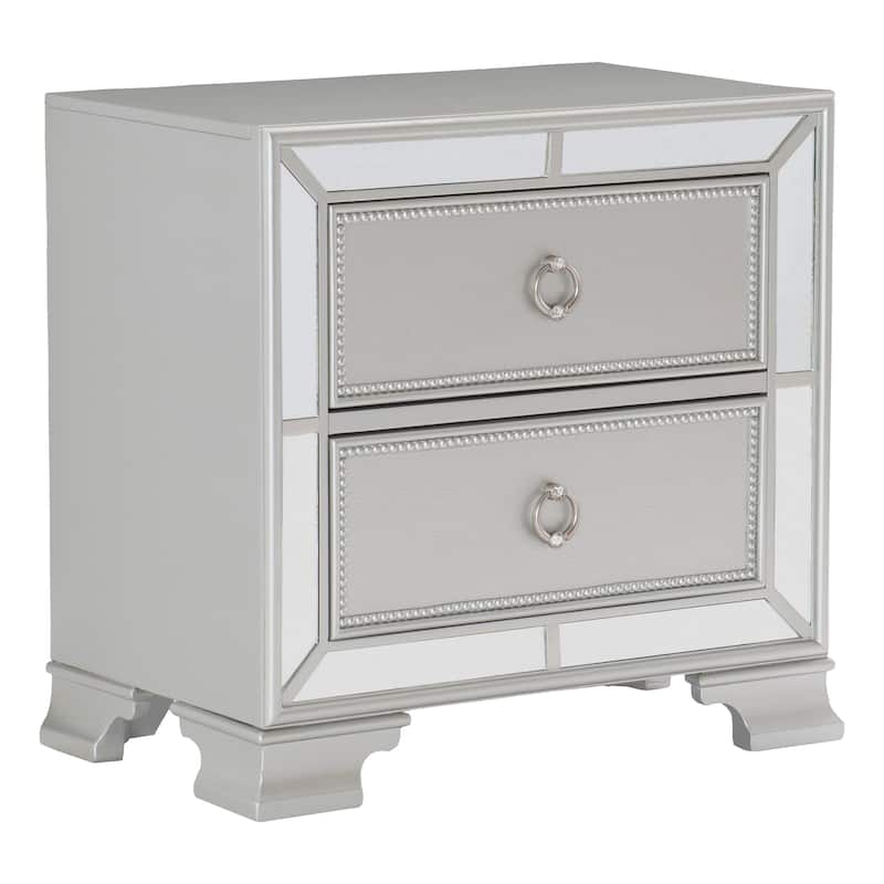 Badra Four Pc Queen Bedroom Set, Crystal Tufted Gray Faux Leather, Silver Mirror Trim