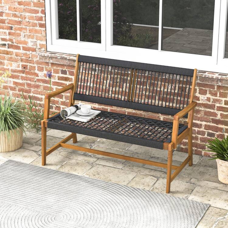 Outdoor Acacia Wood Bench with Backrest and Armrests - 46" x 25" x 35"(L x W x H)