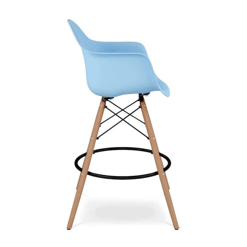 HomeRoots 28" Light Blue And Brown Heavy Duty Plastic And Solid Wood Low Back Counter Height Bar Chair