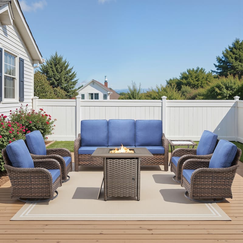 Pocassy Patio Sofa Swivel Chair with Fire Table Funiture Set - Blue Cushion - Brown Wicker - 7-Piece Sofa Swivel Chair with Fire Pit Table