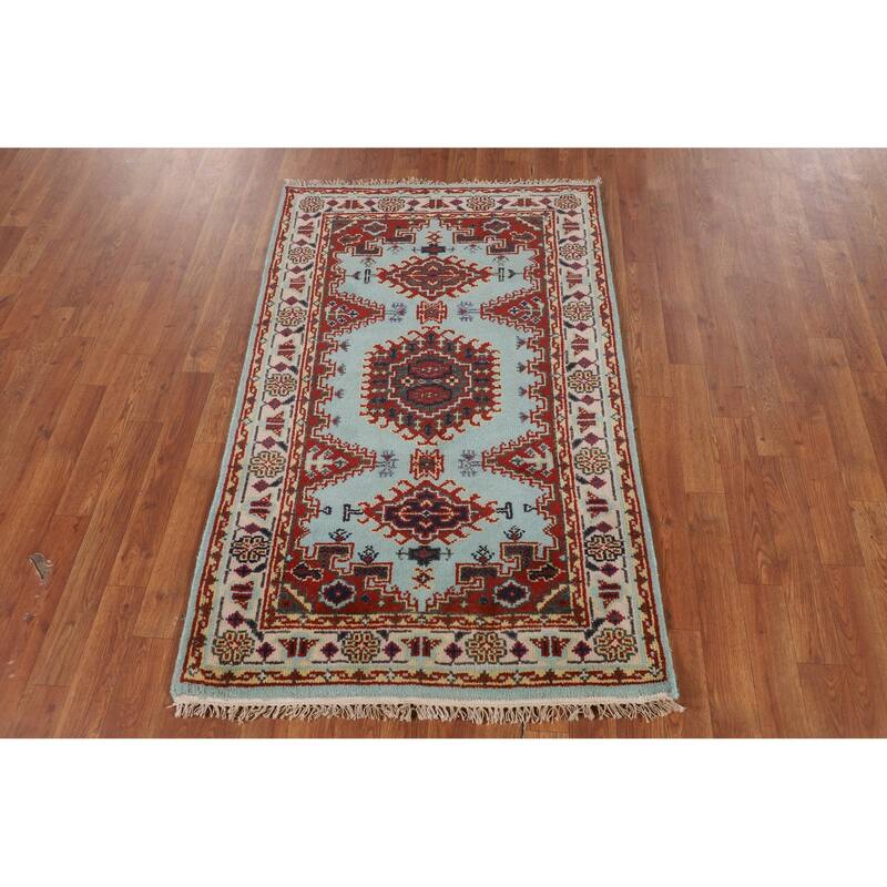 Light Blue Geometric Viss Indian Foyer Rug Handmade Wool Carpet - 2'11"x 4'9"
