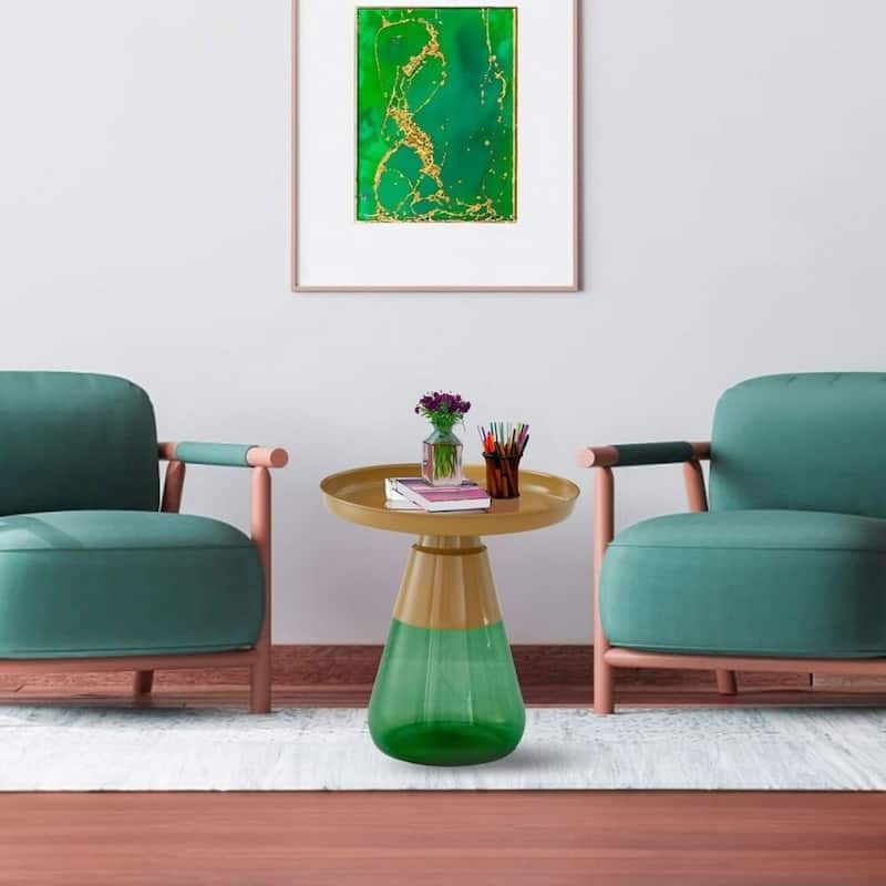 19" Matte Gold Tray Top Aeryn Nesting Table with Emerald Green Base - 19x20