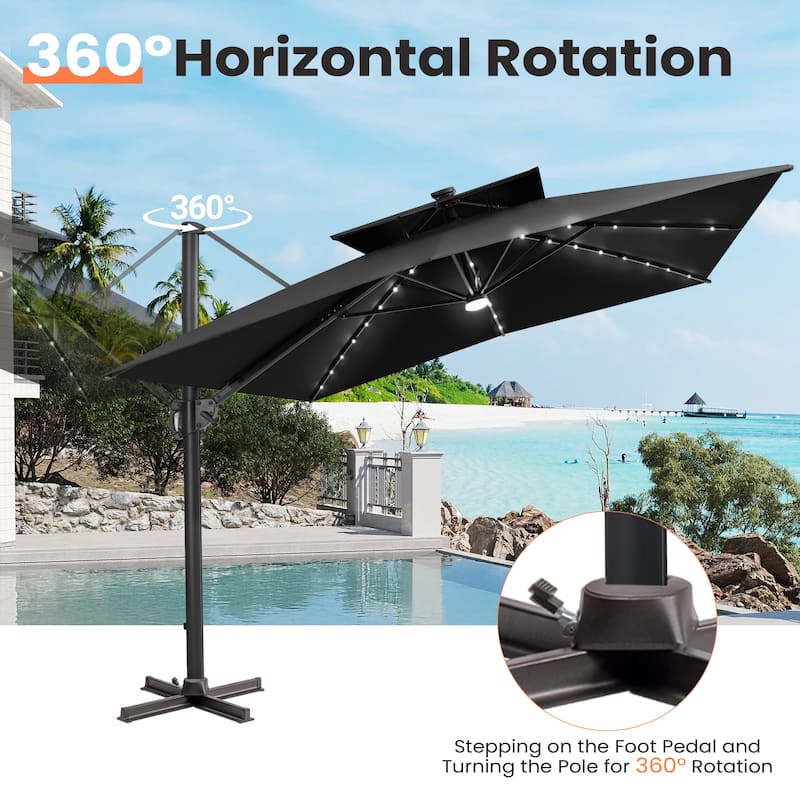 12 x 9 FT Outdoor Patio Aluminum Cantilever Umbrella with Solar Lights Double Canopy with Base
