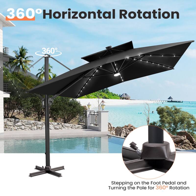 12 x 9 FT Outdoor Patio Cantilever Umbrella with Solar Lights Double Canopy 360 Rotation Tilt