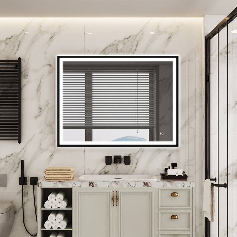 Wall Mounted Back Light Bathroom Framed LED Mirror Anti- Fog With Dimmable Light Touch Sensor And Memory Function