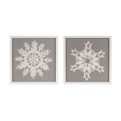 Set of 2 Modern Grey and White Snowflake Paper Mache Wall Art for Holiday Seasonal Decorations - 12”L x 0.5”W x 12”H