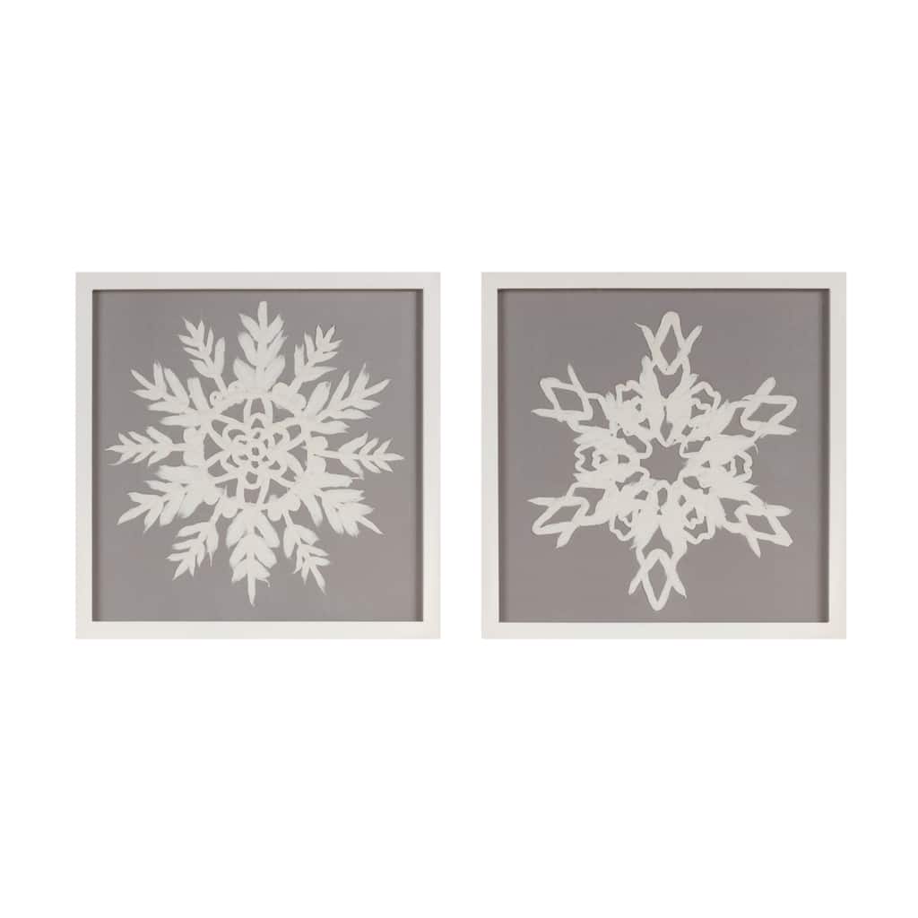 Set of 2 Modern Grey and White Snowflake Paper Mache Wall Art for Holiday Seasonal Decorations - 12”L x 0.5”W x 12”H