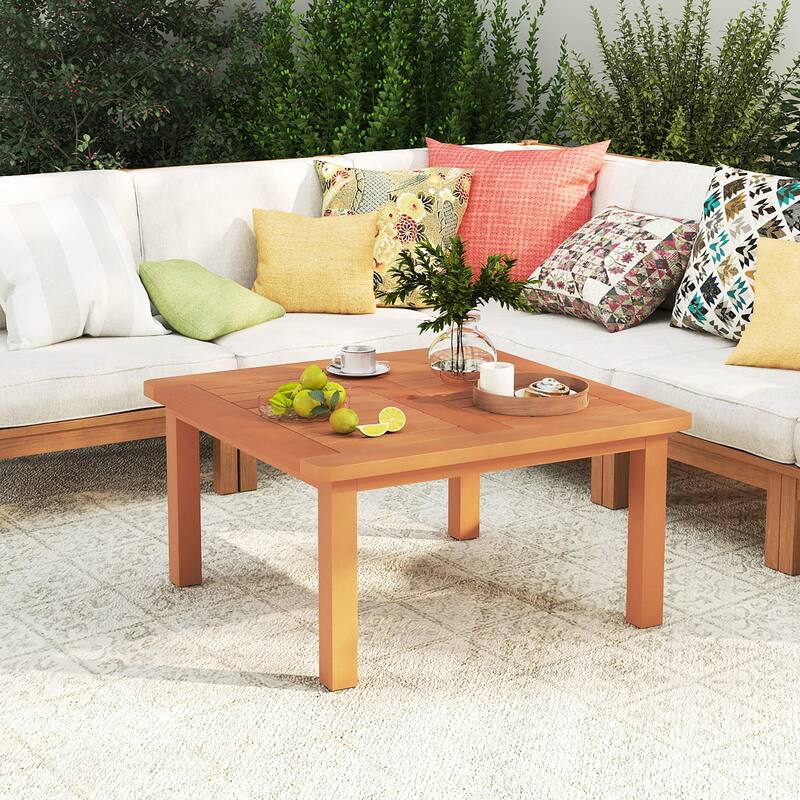 Gymax Patio Coffee Table w/ Umbrella Hole Slatted Tabletop & Teak Oil