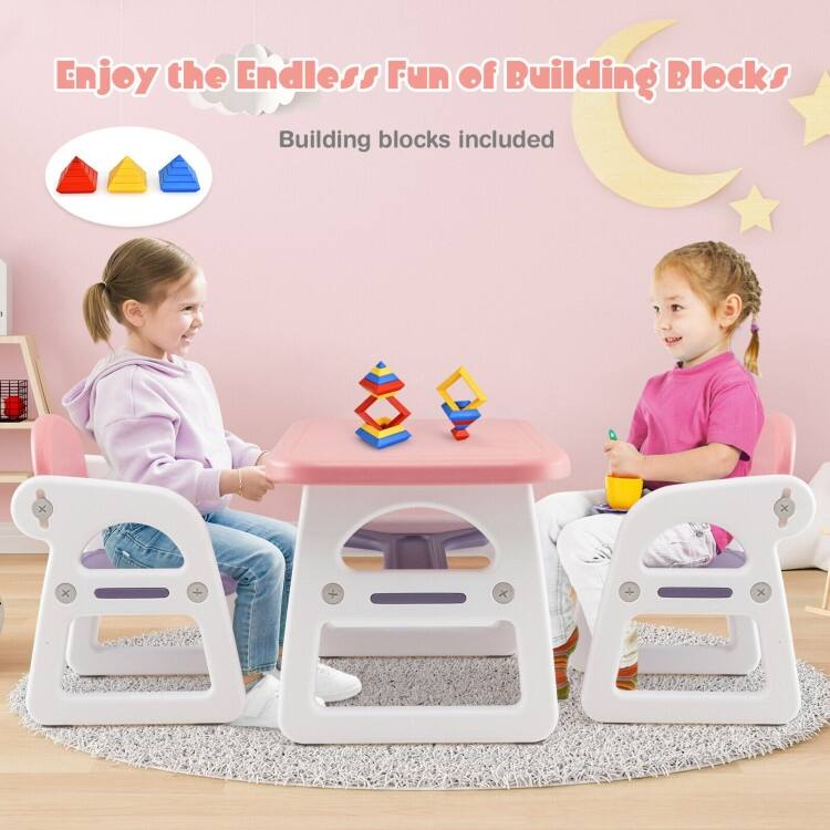 Kids Table and Chair Set with Building Blocks - 31" x 19" x 19" (L x W x H)