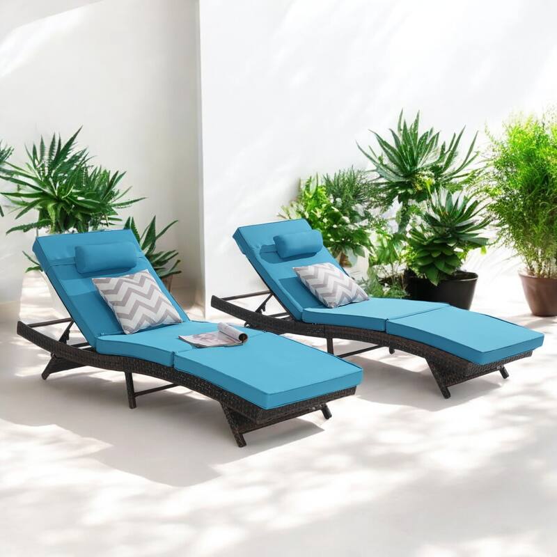 Adjustable Wicker Lounge Chair Set of 2 - Reclining Sunbathing Chairs with Cushions, All-Weather PE Rattan for Patio & Garden
