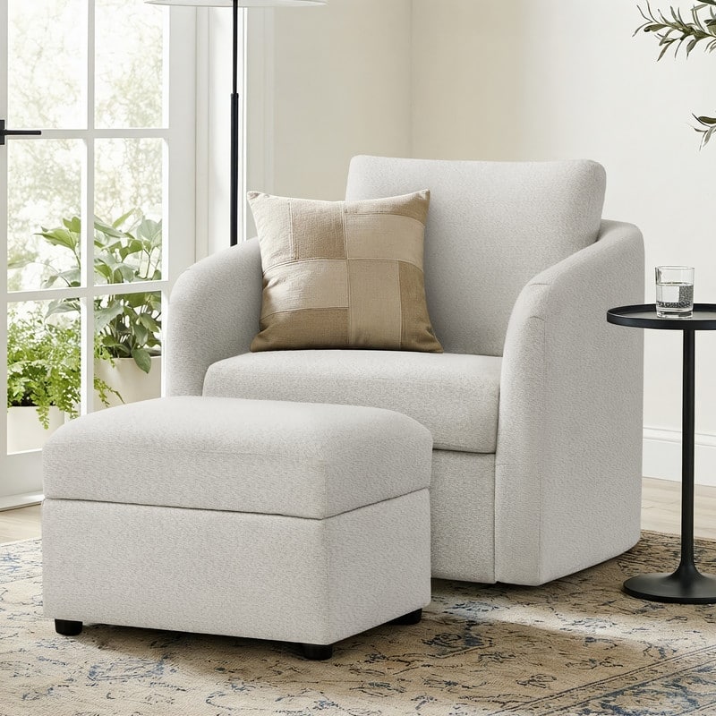 Spruce & Spring Modern Upholstered Swivel Barrel Accent Chair with Ottoman & Removable Slipcover - Chair with Ottoman - White