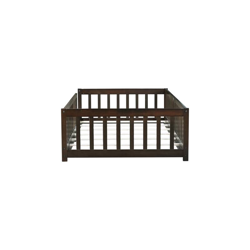 Roomfitters Twin Rubber Wood Floor Bed with Fence, Safety Guardrails, Low Profile Platform Design