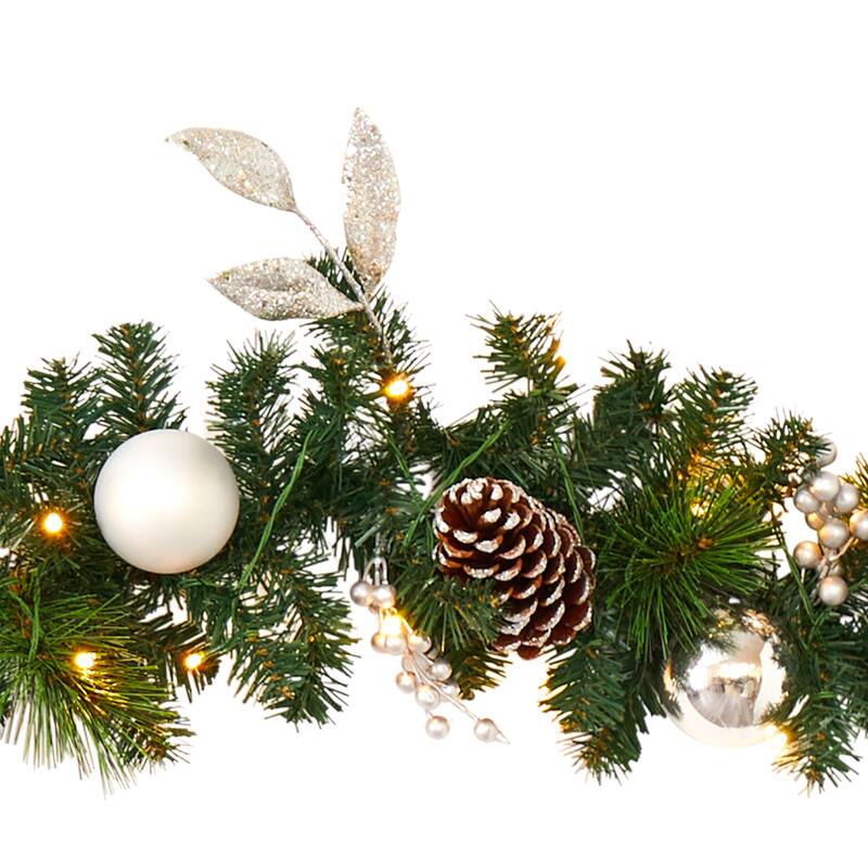 9’ x 10" Ornament and Pinecone Artificial Christmas Garland, Clear LED