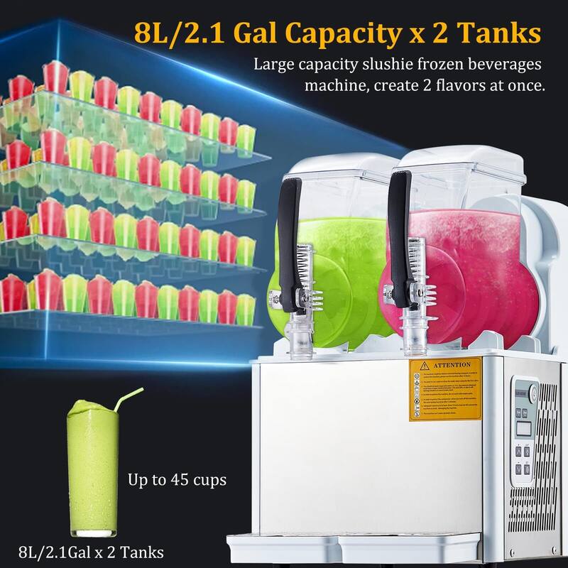 Commercial Slushy Machine, 4Lx2Tank, Self-Cleaning, for Frozen Drinks, Snow Melting