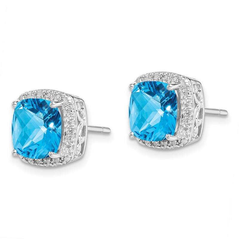 Curata 925 Sterling Silver 13mm Cushion-cut Blue Topaz and Diamond Earrings