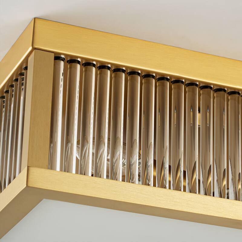 12.2 in. 4-Light Industrial Black/Gold Square Flush Mount Ceiling Light with Clear Glass Rods