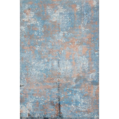 Hand Knotted Oriental Viscose Silk Carpet Modern Abstract Navy Blue & Blues Abstract Area Rug - 7' 10'' X 5' 0''