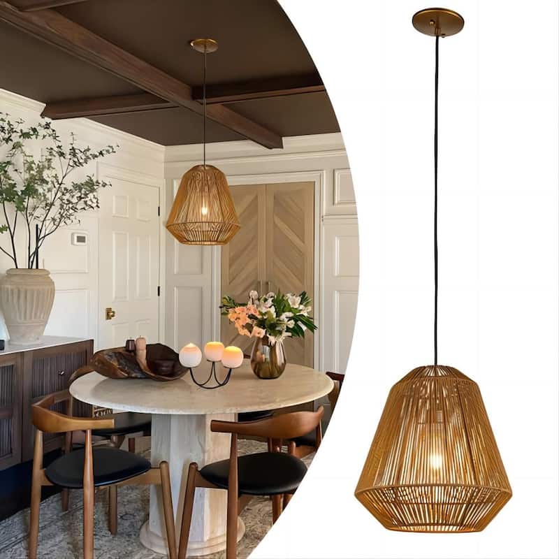 Handcrafted 1-Light Farmhouse Natural Rattan Pendant Light-Coastal Lantern Hanging Lamp With Rope Woven Shape