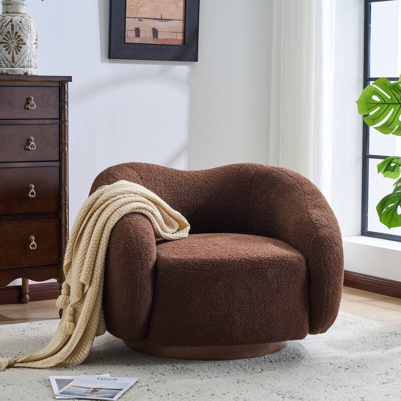 Christopher Knight Home - Aradia Contemporary Boucle Upholstered 360° Swivel Club Chair with Curved Backrest & Wooden Base - Dark Brown+Walnut