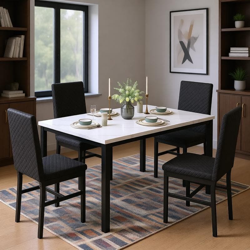 Grondin 5-Piece Dining Room Table Set with Faux Marble Table Top and Diamond Stitching Velvet Upholstery Dining Chairs - Marble White Top & Black Faux Leather Chiar