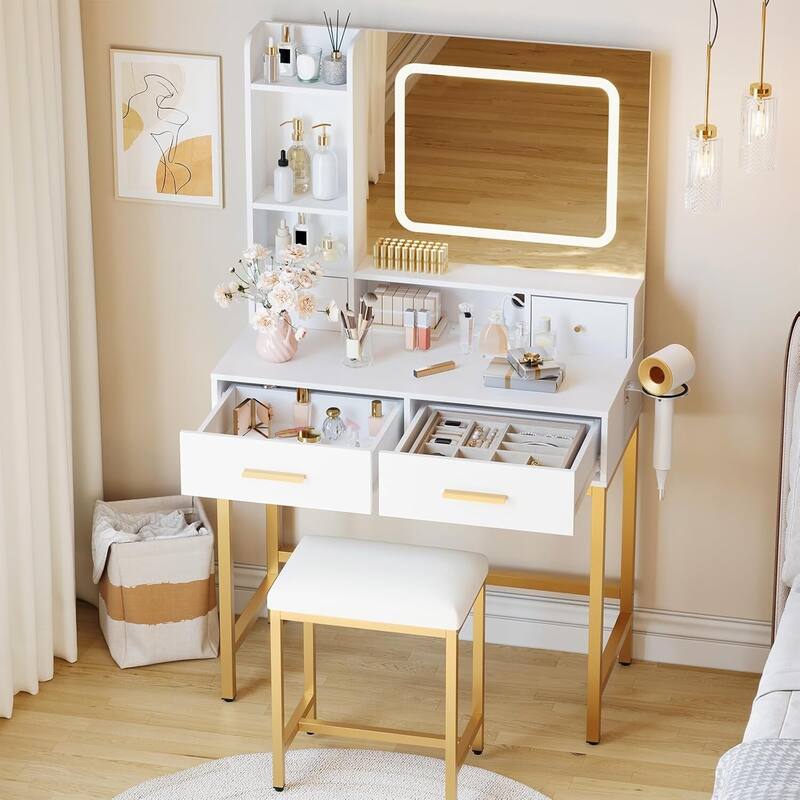 Makeup Vanity Desk with Mirror and Lights for Bedroom, Dressing Room