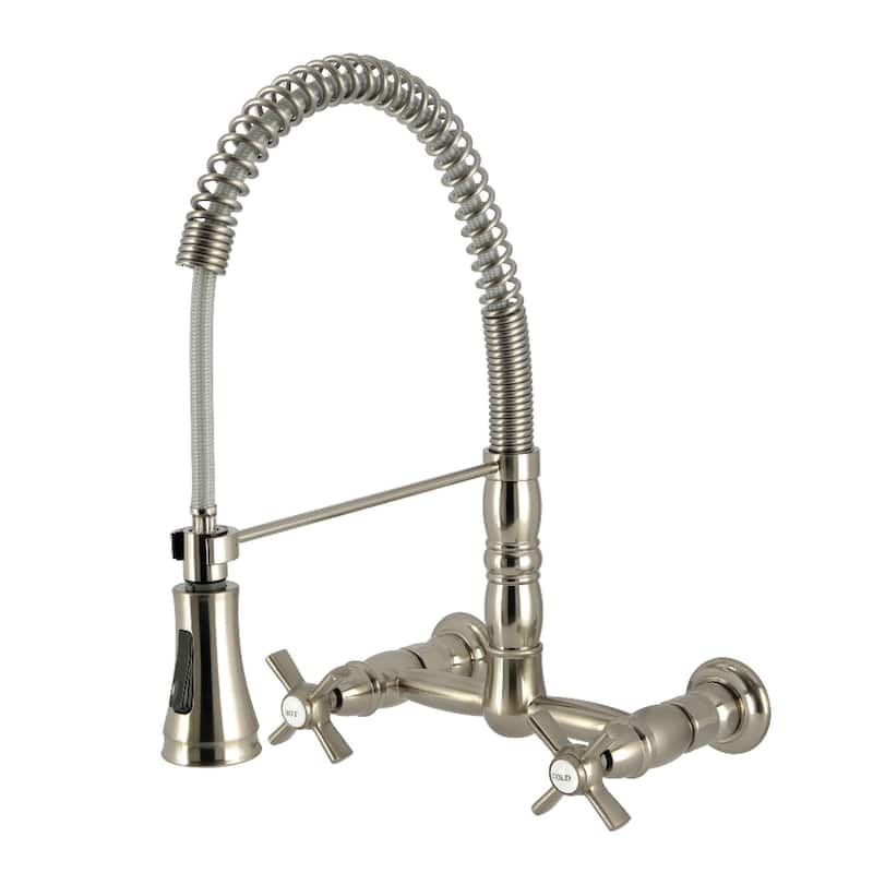 Kingston Brass Essex Double-Handle Wall-Mount Pre-Rinse Bridge Kitchen Faucet - Brushed Nickel