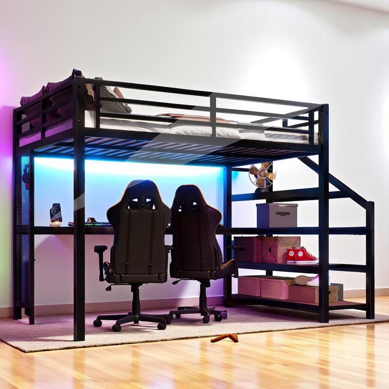 Full/Queen Size Metal Loft Bed with Desk, Storage Stairs, LED Lights, USB Ports and Pegboard, No Box Spring Needed
