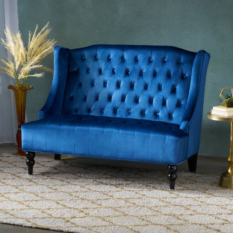 Luxury Velvet Loveseat with Button Tufted, Navy Blue Upholstered Sofa Couch 2-Seater Settee with Wingback