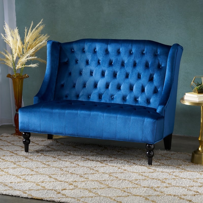 Navy Blue 50.25" Velvet Button Tufted High Wingback Loveseat Sofa with Wood Legs for Living Room - Navy Blue