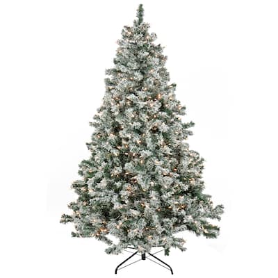 National Tree Company 9ft Pre-lit Artificial Snowy Crestview Hinged Tree, 900 Clear Lights- UL - 9 ft