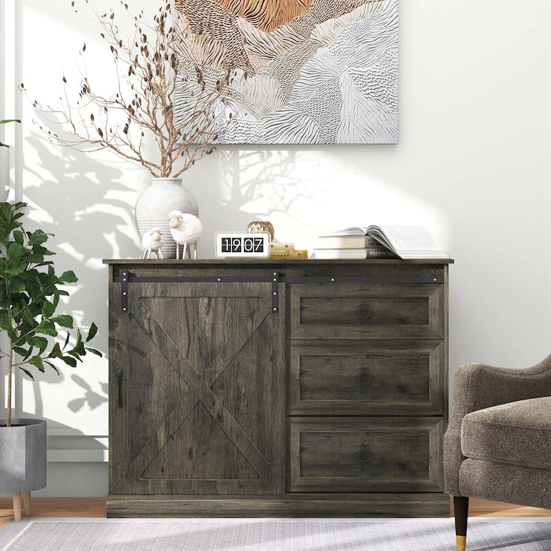 Farmhouse Sideboard Buffet Cabinet, Kitchen Cabinet Coffee Bar Cabinet with Sliding Barn Door and 3 Storage Drawers